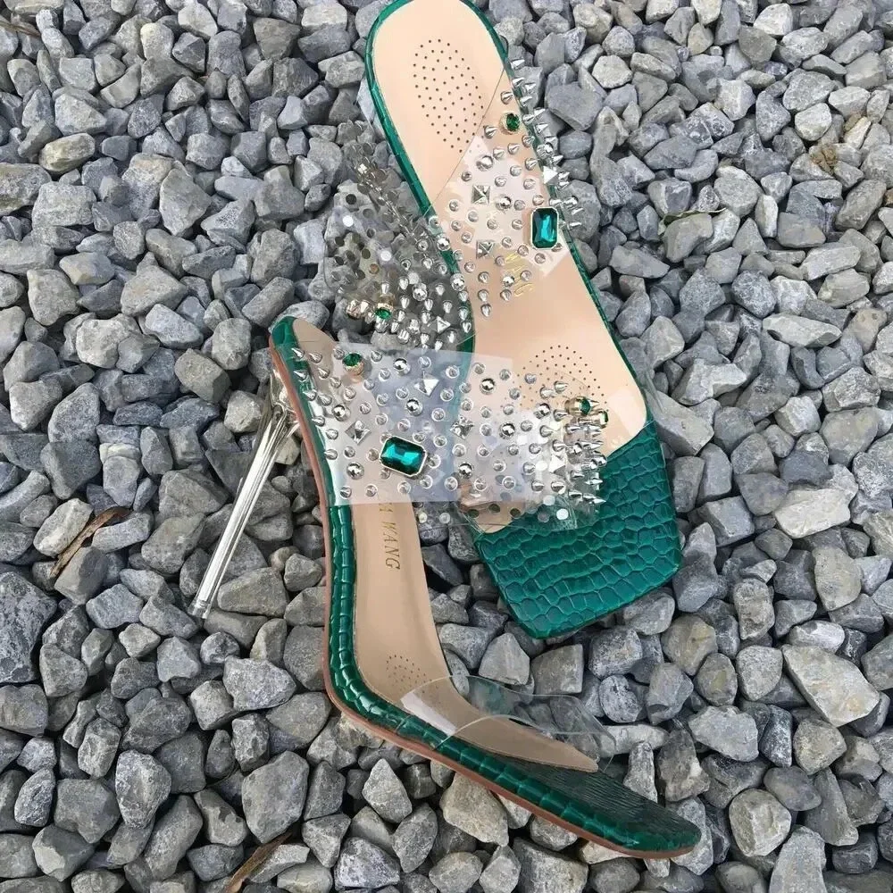 Azalea Wang Women Size 8.5 Studded Square Open Toe Green Mya Heels